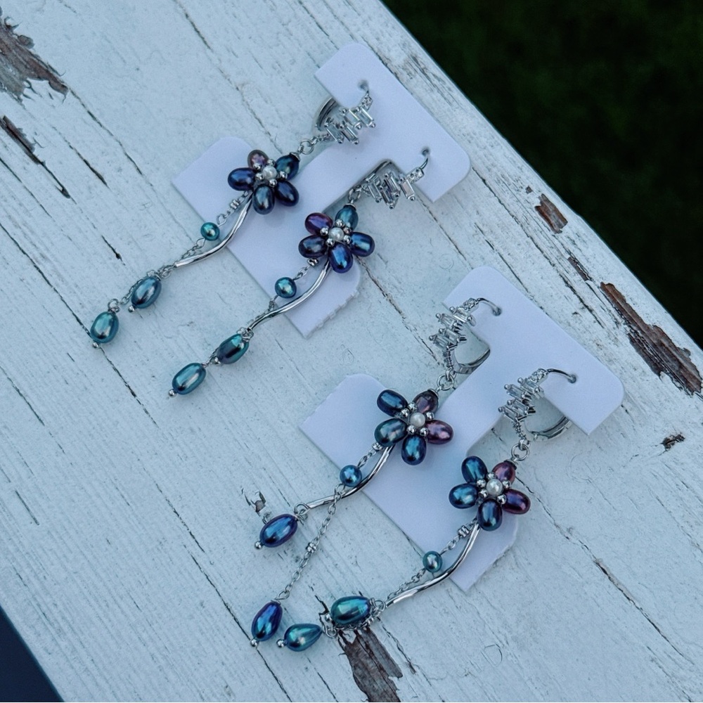E246 Handmade Freshwater Pearl Flower Huggies Earrings - Picture 10 of 11
